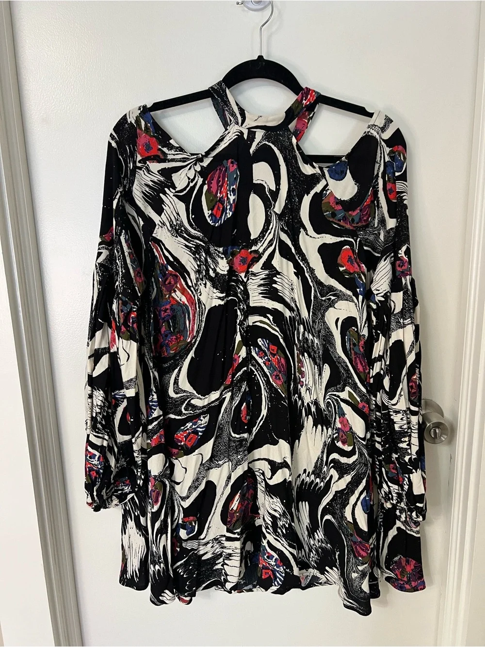 Free People Black & White Abstract Cutout Swing Top or Mini Dress Tunic Artsy